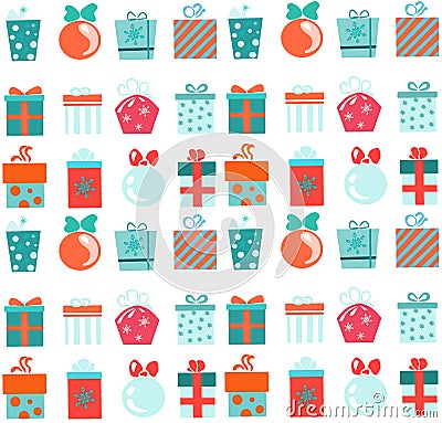 New Year's gift, many different boxes on a green background. Pattern for packaging design or postcards. Stock Photo