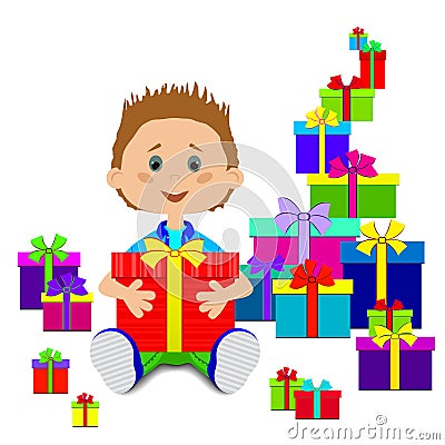 New Year`s gifts and child Vector Illustration