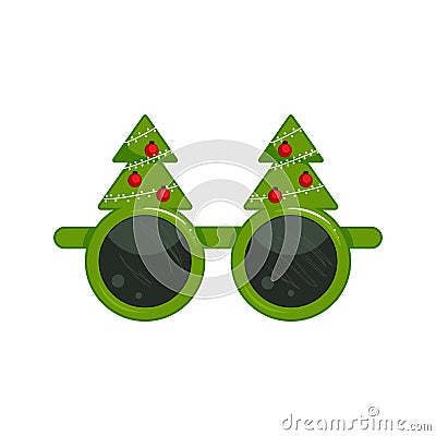New Year`s glasses with christmas tree. Carnival funny sunglasses Vector Illustration