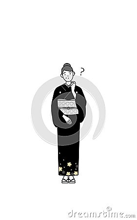 New Year's greeting and weddings, Senior woman in kimono nodding her head in question Stock Photo