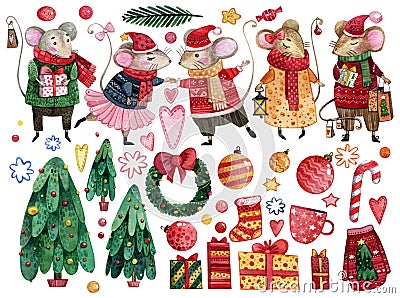 New Year`s mice, Christmas trees, stars, hearts, candies and snowflakes for your own design. Stock Photo