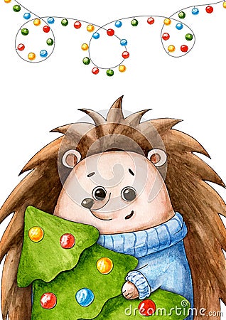 New year`s postcard with hedgehog. Christmas and new year. Watercolor cartoon animal. Cute character. Hand drawn illustration. Cartoon Illustration