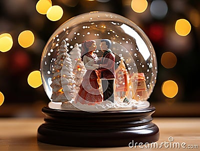 New Year's Serenity: Snow Globe with a Lovely Couple Captured in Bliss Stock Photo