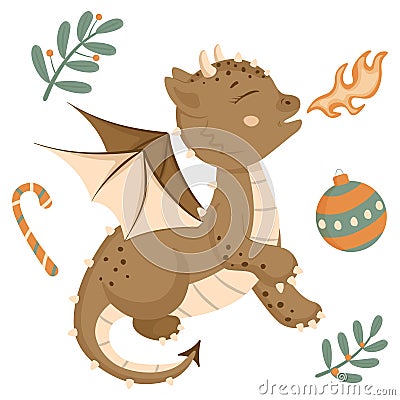 New Year's set in cartoon style. Cute dragon, Christmas ball, plant, candy lollipop Vector Illustration