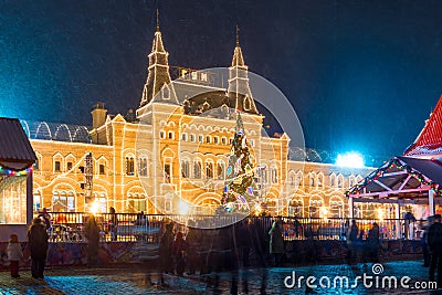 New Year`s spruce on the background of GUM on Red Square in Mosc Editorial Stock Photo