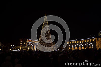 New Year's Square of the Republic of Armenia and a Christmas tree decorated with garlands Stock Photo