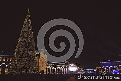 New Year's Square of the Republic of Armenia and a Christmas tree decorated with garlands Stock Photo