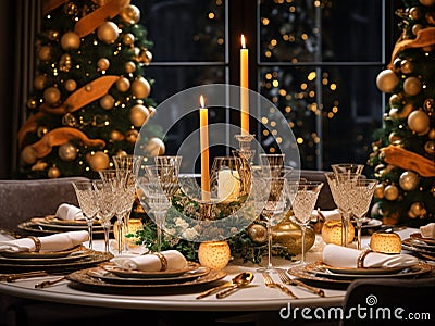 New Year's table setting, wine glasses, burning candles, plates, cutlery Stock Photo