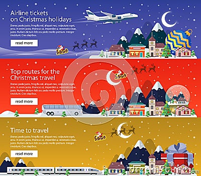 New Year's travel banners in flat style illustration. Traveling by plane, bus and train. Stock Photo