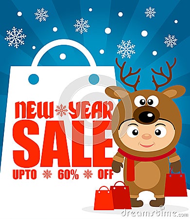 New Year sale background upto 60 % off with child in costume deer Vector Illustration