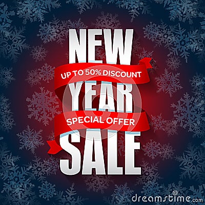 New Year sale badge, label, promo banner template. Special seasonal sale offer. Vector Illustration