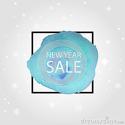 New Year sale. Brush stroke and frame, snowflakes. Vector. Blue acrylic paint logo Stock Photo