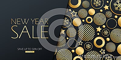 New Year Sale special offer luxury banner with gold colored christmas balls, stars and snowflakes on black background. Vector Illustration