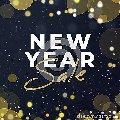 New Year sale text illustration greeting card design for promotional shopping advertisement with blurred gold bokeh lights Cartoon Illustration