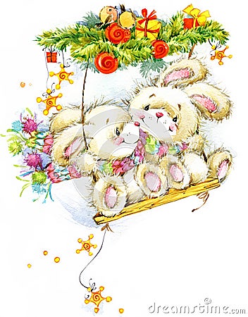 New Year Santa Bunny. background congratulations. Cartoon Illustration
