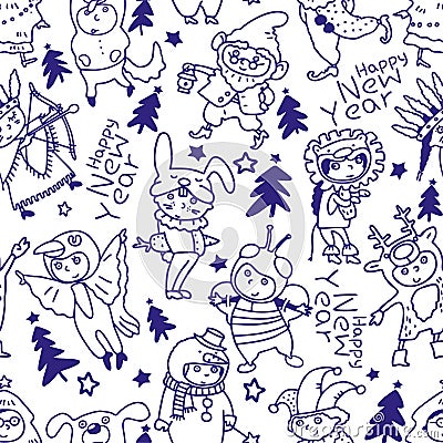 New Year seamless pattern. Children in Christmas costumes. Cheerful children celebrate Cartoon New Year`s holiday costume. Vector Cartoon Illustration