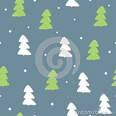 New Year seamless pattern. Repeated silhouettes of trees and round snowflakes. Vector Illustration