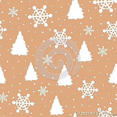 New Year seamless pattern. Repeated silhouettes of trees and round snowflakes. Vector Illustration
