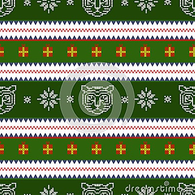 New Year seamless pattern with tigers snowflakes and flags, cross stitch traditional pattern Vector Illustration