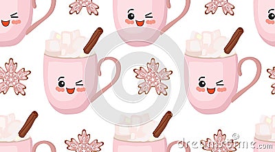 New Year seamless pattern. Winter drinks. Marshmallows, cinnamon and hot chocolate. Tender christmas. Snowflakes baking. Pink cup Vector Illustration