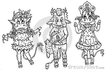 New year set of isolated cartoon characters, funny cows and bull with big ears and horns, with long tails and hooves Vector Illustration