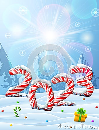 New Year 2023 in shape of candy stick in snow Vector Illustration