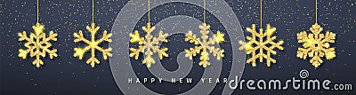 New Year shining glitter glowing golden snowflake decoration garland on dark background. Hanging glitter snowflake. Vector Vector Illustration