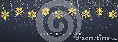 New Year shining glitter glowing golden snowflake decoration garland on dark background. Hanging glitter snowflake. Vector Vector Illustration