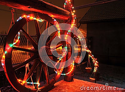 New Year shiny decorative lights were installed around the front porch of the house Stock Photo