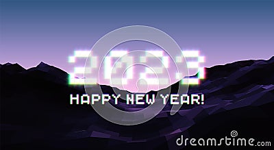 2023 New Year sign with glitched glowing pixels and calm violet landscape. Winter holiday and year change symbol. Vector Illustration