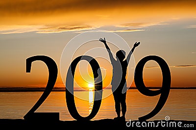 2019 New Year Silhouette of Woman at Golden Sunset Stock Photo
