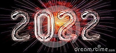 New Year 2022 silver balloons with fireworks Stock Photo