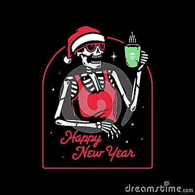 NEW YEAR SKELETON IN SANTA HAT DRINKS MULLED WINE BADGE Vector Illustration