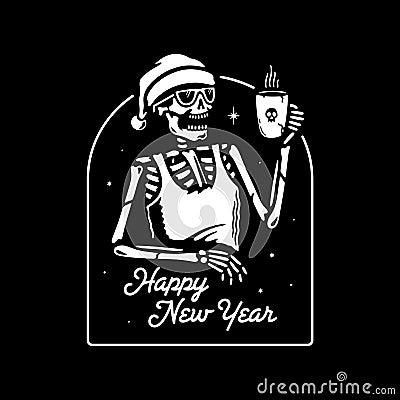 NEW YEAR SKELETON IN SANTA HAT DRINKS MULLED BADGE WINE WHITE Vector Illustration