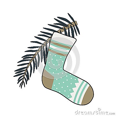 New Year sock with patterns and a Christmas tree branch Vector Illustration