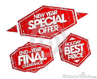 New year special offer stamp, end of year final clearance stamp, holiday best price stamp. Vector Illustration