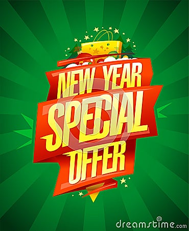 New year special offer, winter holiday sale banner template with red ribbon Vector Illustration