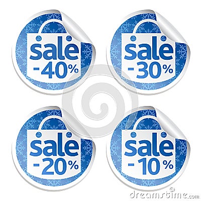 New Year sticker blue sale set 10,20,30,40 with snowflakes Vector Illustration