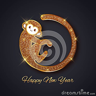 New Year symbol 2016 gold glitter monkey design, postcard, greeting card, banner Vector Illustration