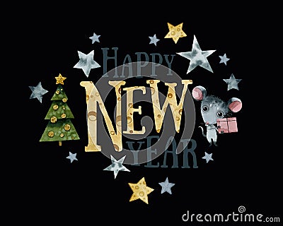 New year 2020, symbol of the year mouse, gray stars , congratulations watercolor Cartoon Illustration