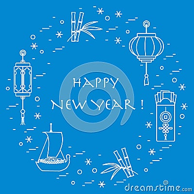 New year symbols: japanese treasure ship, bamboo, chinese lanterns and red envelopes of money arranged in a circle. Vector Illustration