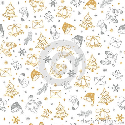 New Year symbols seamless vector pattern. Hand drawn gold, silver elements. Festive objects - Christmas tree, mittens, cap Stock Photo