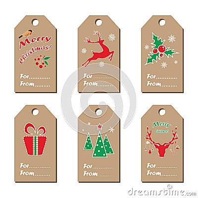 New Year tags. Collection of kraft-paper tags with New Year`s symbols. Vector illustration in english Cartoon Illustration