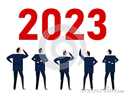 2023 new year team meet gather together analyze teamwork company corporat employee businessman Cartoon Illustration