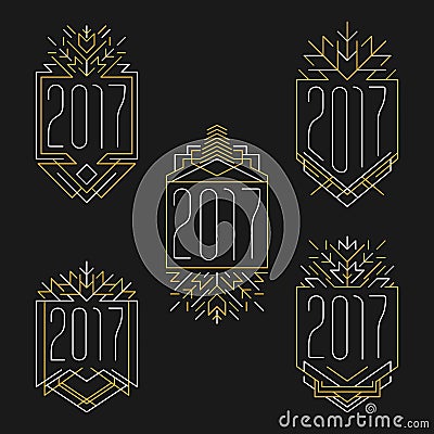 New Year 2017 text. Art deco frames in outline style. Vector Illustration