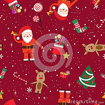 New year theme seamless pattern. Santa claus, deer and new year gift red background pattern Vector Illustration