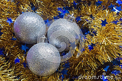 New Year tinsel balls Christmas decorations Stock Photo