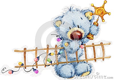 New Year toy bear.Christmas background. watercolor illustration Stock Photo