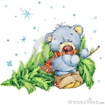 New Year toy bear.Christmas background. watercolor illustration Cartoon Illustration