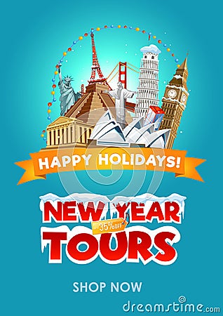 New year travel promo flyer design. Vector illustration Vector Illustration